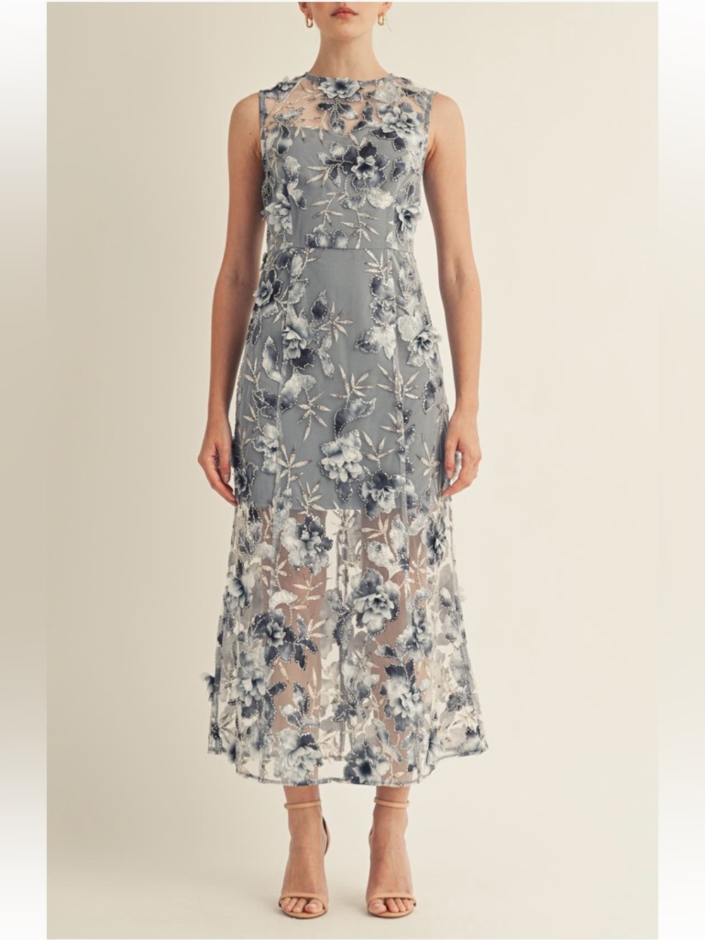 Arose studio sorelle blue 3d floral sequin embellished midi sheath dress small